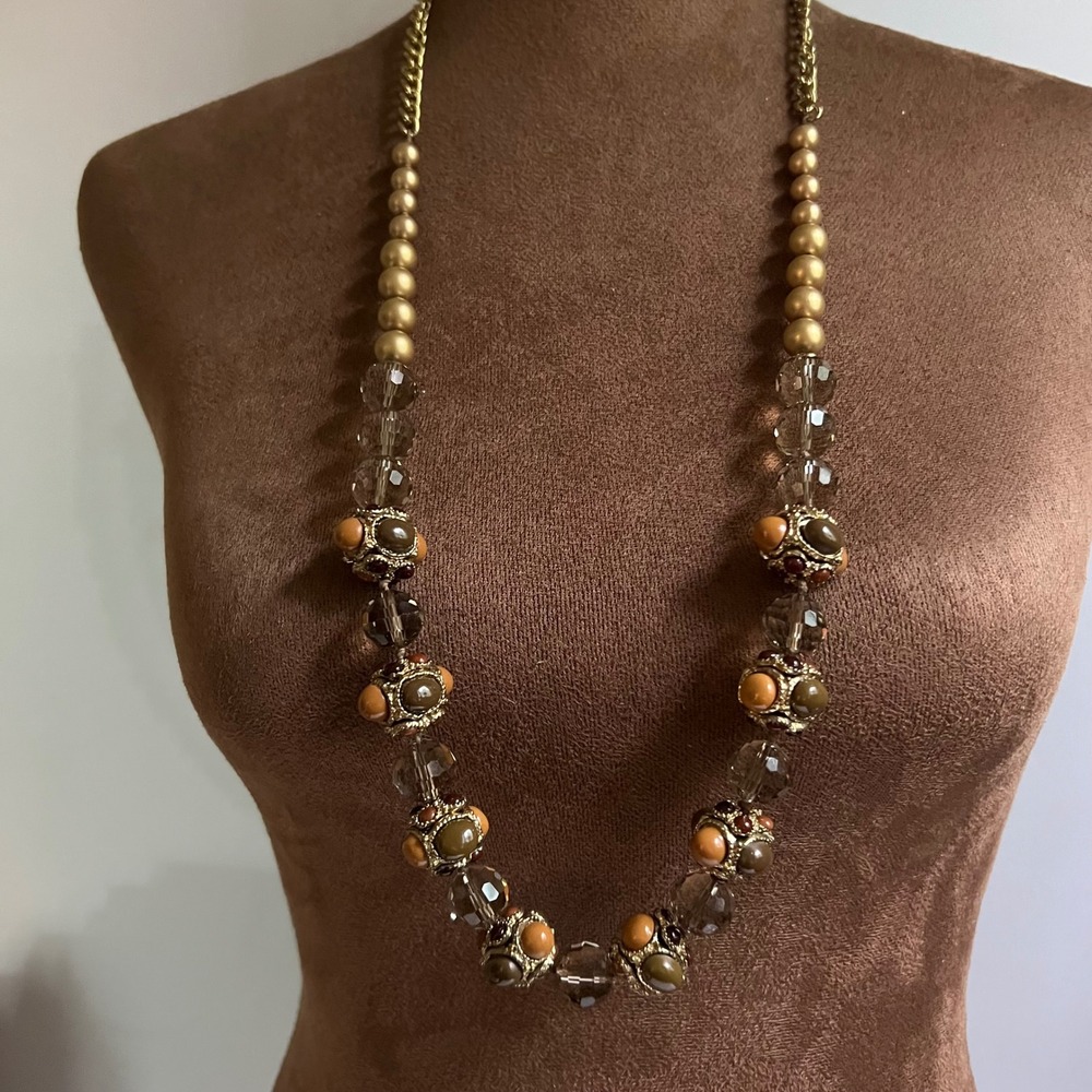 Vintage Beaded Statement Necklace Gold Tone Glass Faux Pearl Earth Tones 30"